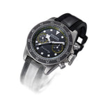 Seestern S443 hand-winding chronograph, black dial with yellow accents, tachymeter bezel, black strap, angled view