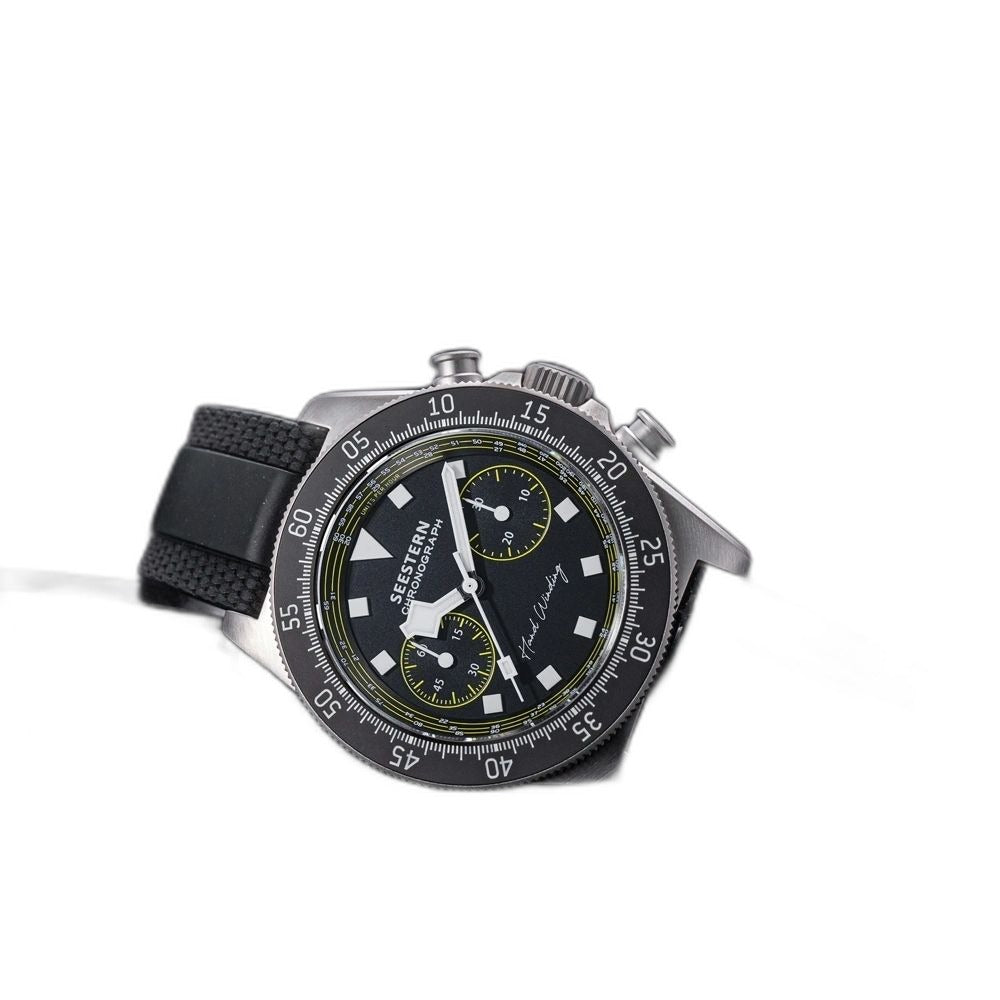 Seestern S443 chronograph, black-and-yellow dial, black strap, flat-lay on honeycomb stand