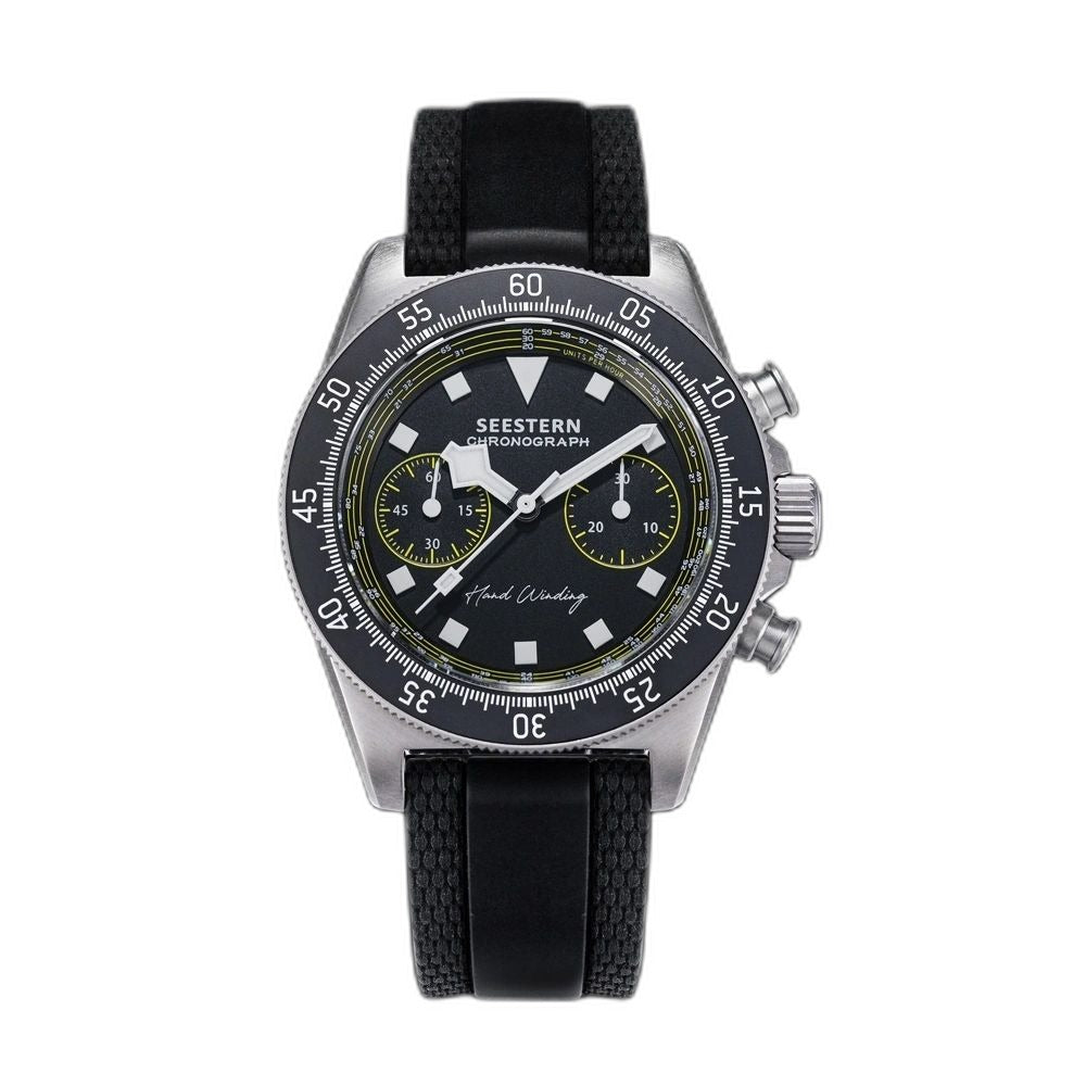 Seestern S443 hand-winding chronograph, black dial with yellow accents, tachymeter bezel, black strap, front