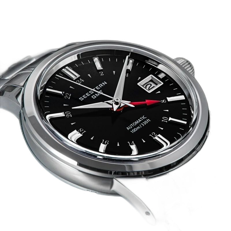 Seestern S446 black-dial GMT on steel bracelet, angled studio product view