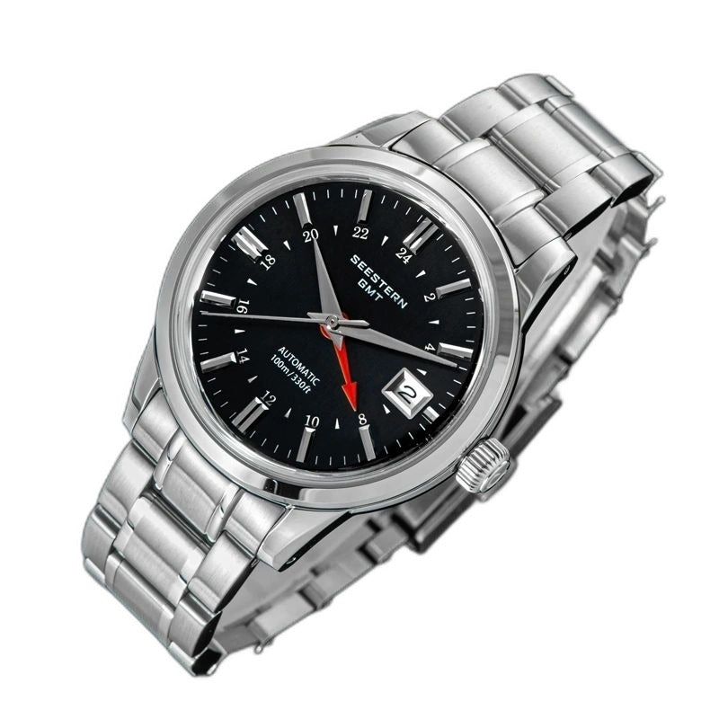 Seestern S446 black-dial GMT on steel bracelet, dramatic angled studio view