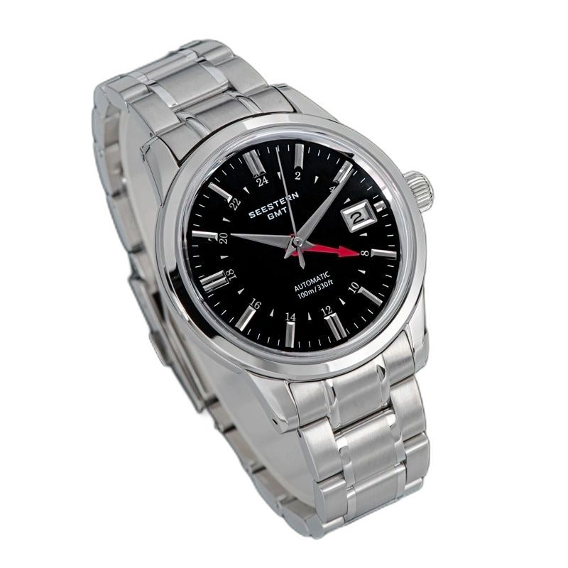 Seestern S446 black-dial GMT with red GMT hand on steel bracelet, three-quarter angled view