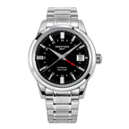 Seestern S446 GMT Classic 39mm automatic, black dial, red GMT hand, steel bracelet, front view