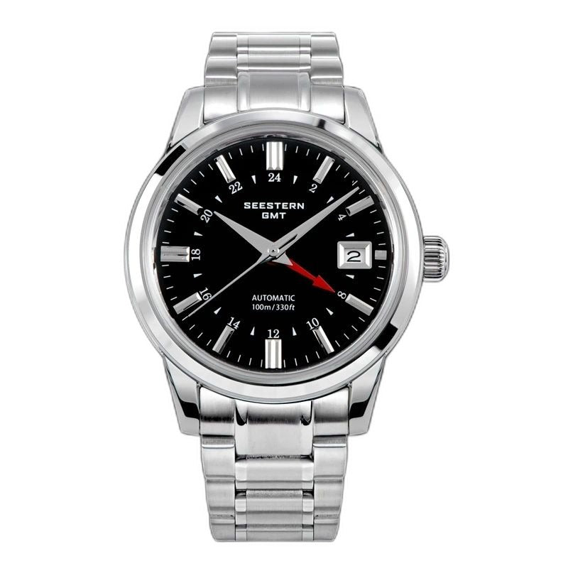 Seestern S446 GMT Classic 39mm automatic, black dial, red GMT hand, steel bracelet, front view