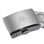 Seestern S446 steel bracelet clasp with engraved Seestern starfish, macro detail