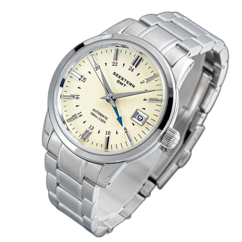 Seestern S446 cream-dial GMT on steel bracelet, angled studio product view