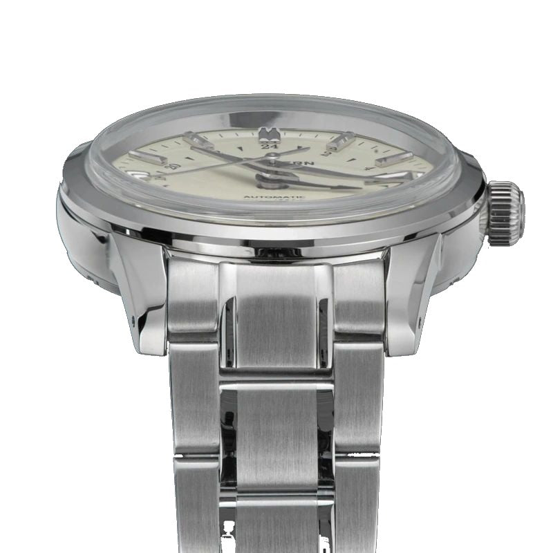Seestern S446 low side profile of the cream GMT showing slim polished case and steel bracelet