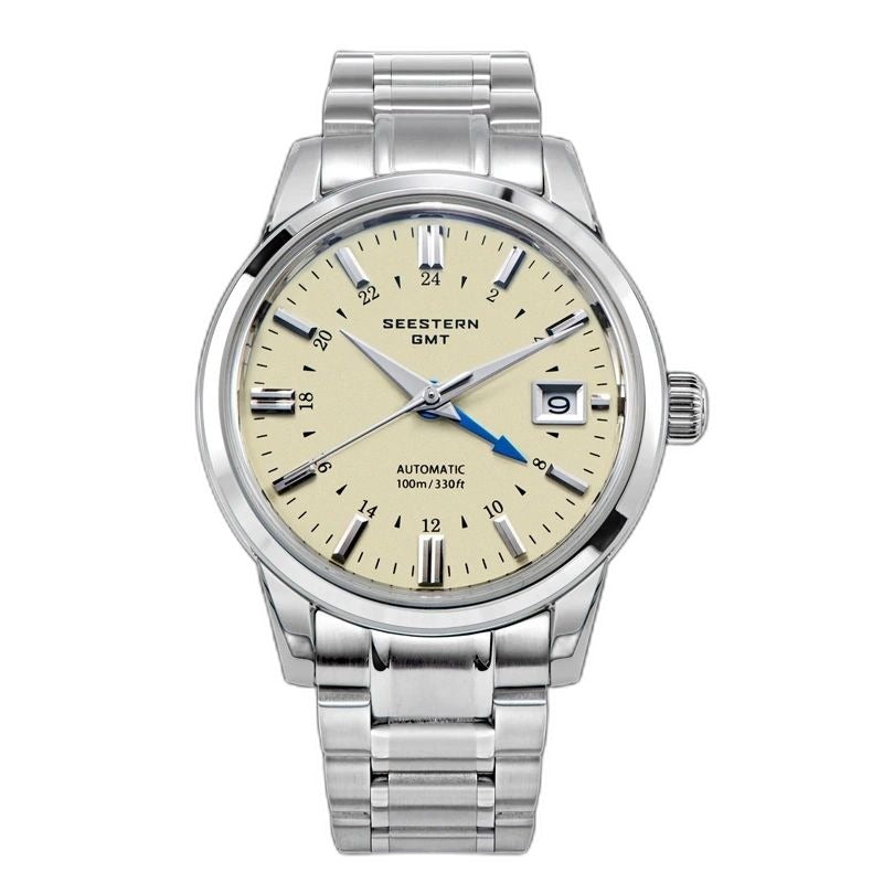 Seestern S446 GMT Classic 39mm automatic, cream dial, blue GMT hand, steel bracelet, front view