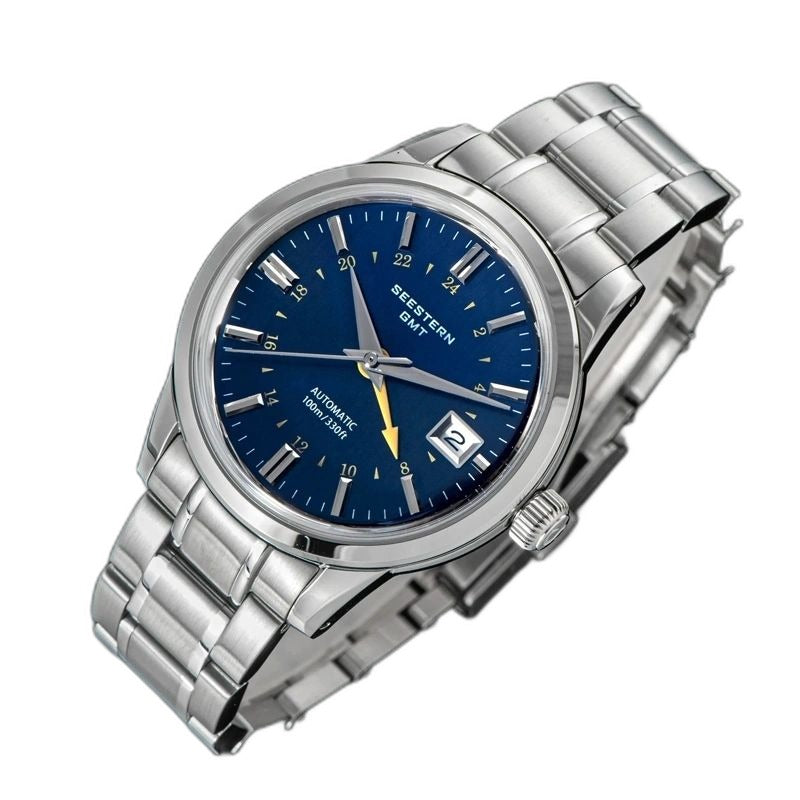 Seestern S446 navy blue-dial GMT on steel bracelet, angled studio product view
