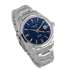 Seestern S446 navy blue-dial GMT on steel bracelet, dramatic angled studio view