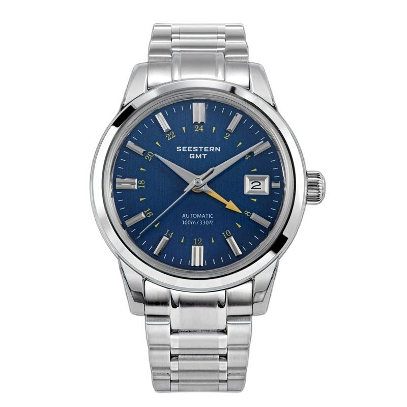 Seestern S446 GMT Classic 39mm automatic, navy blue dial, orange GMT hand, steel bracelet, front