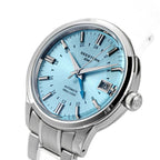 Seestern S446 ice blue dial three-quarter view showing bezel, crown and steel bracelet