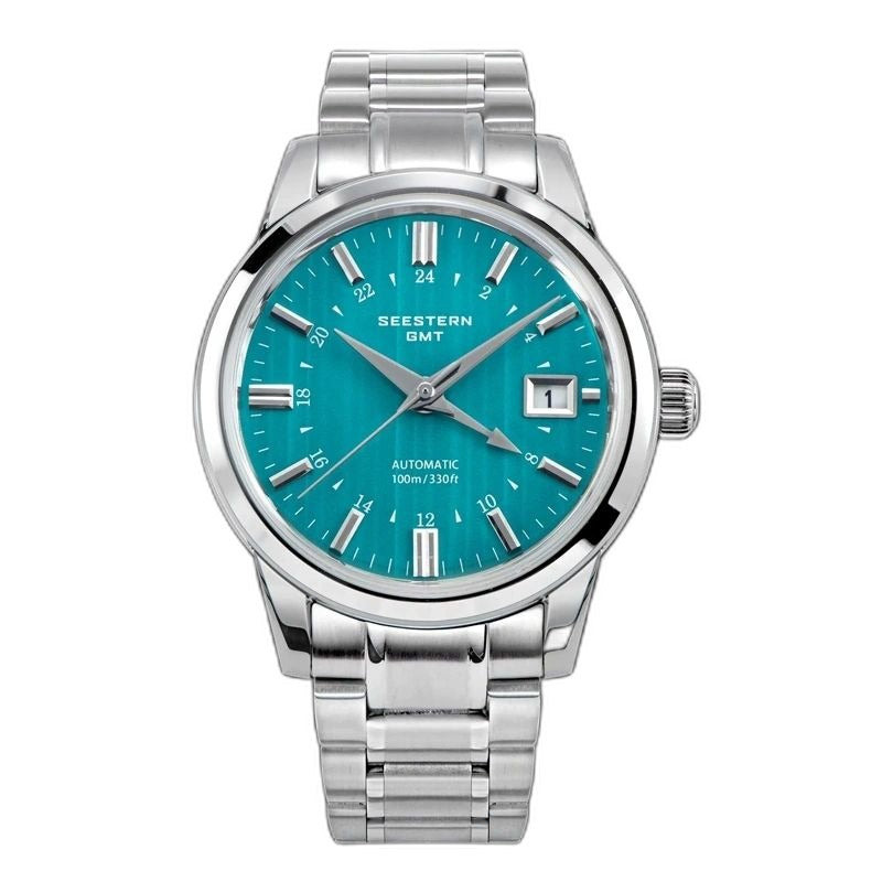 Seestern S446 GMT Classic 39mm automatic, teal green mint dial, steel bracelet, front view