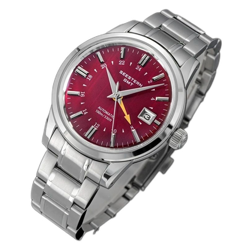 Seestern S446 red-dial GMT on steel bracelet, dramatic angled studio view