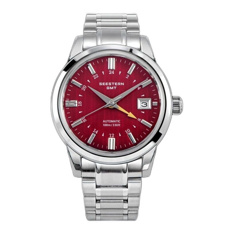 Seestern S446 GMT Classic 39mm automatic, red dial, orange GMT hand, steel bracelet, front view
