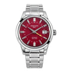 Seestern S446 GMT Classic 39mm automatic, red dial, orange GMT hand, steel bracelet, front view
