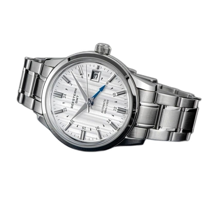 Seestern S446 silver-dial GMT on steel bracelet, angled studio product view