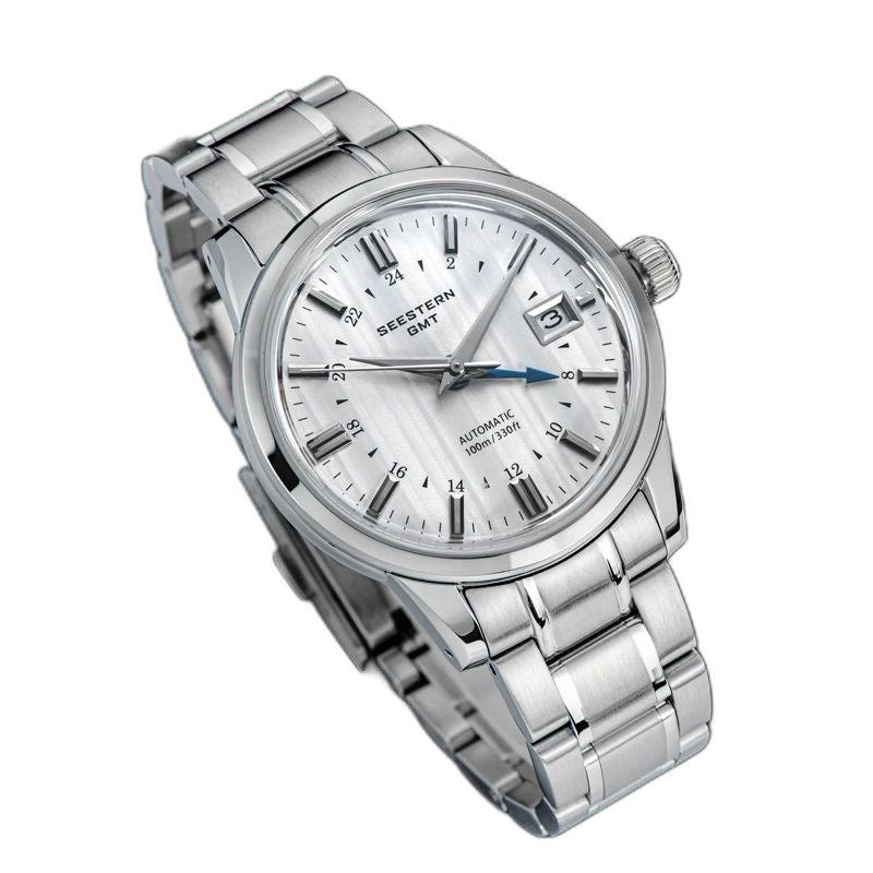 Seestern S446 silver-dial GMT on steel bracelet, dramatic angled studio view