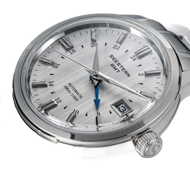 Seestern S446 silver-dial GMT on steel bracelet, three-quarter angled view