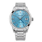 Seestern S446 GMT Classic 39mm automatic, ice-blue teal dial, blue GMT hand, steel bracelet, front