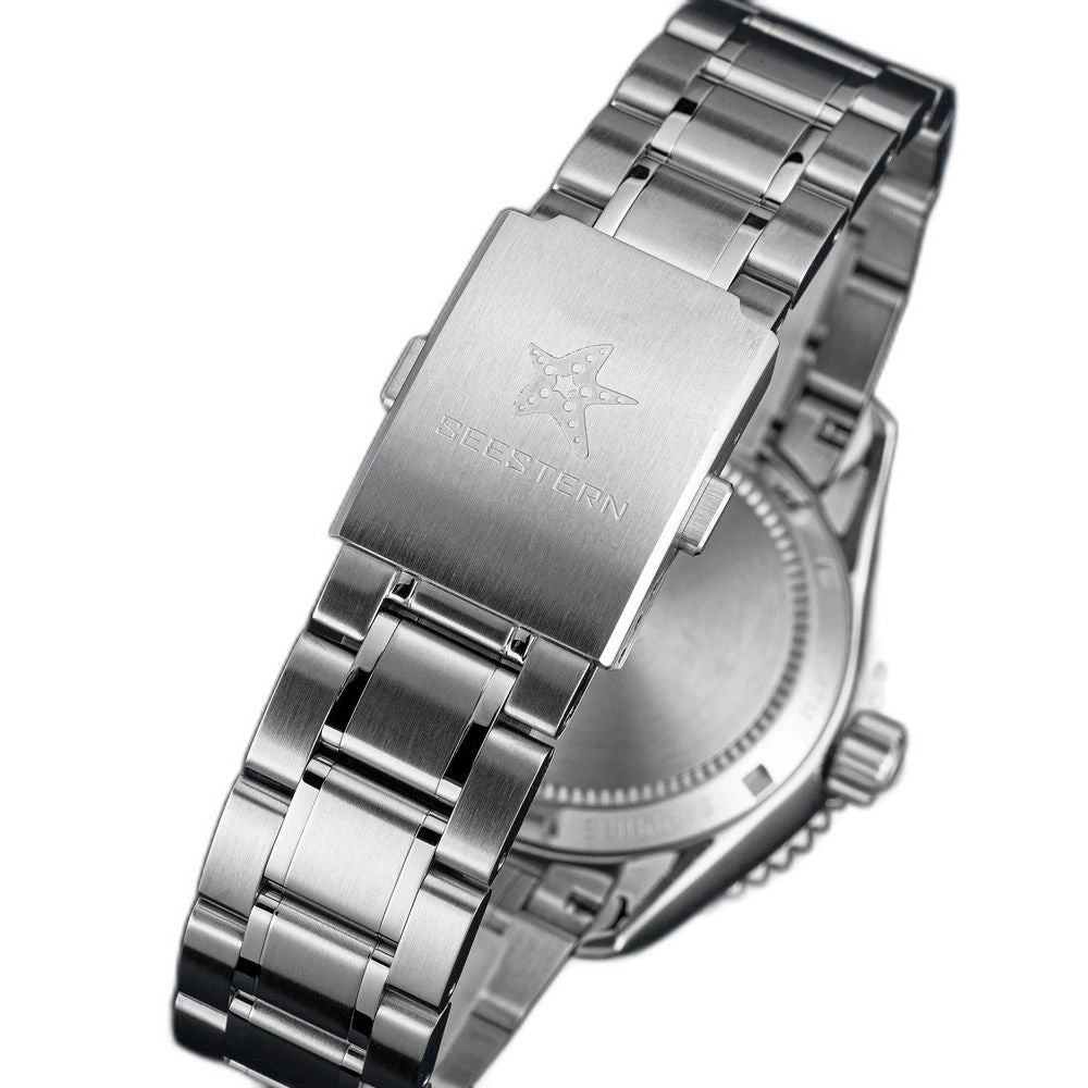 Seestern S456 folding clasp engraved with Seestern starfish emblem, rear view on navy