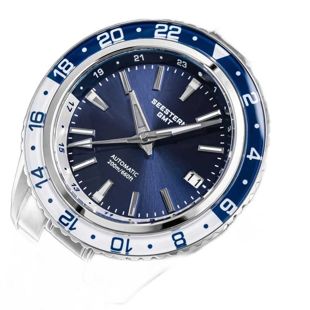 Seestern S456 navy-dial GMT on steel bracelet, angled studio product view