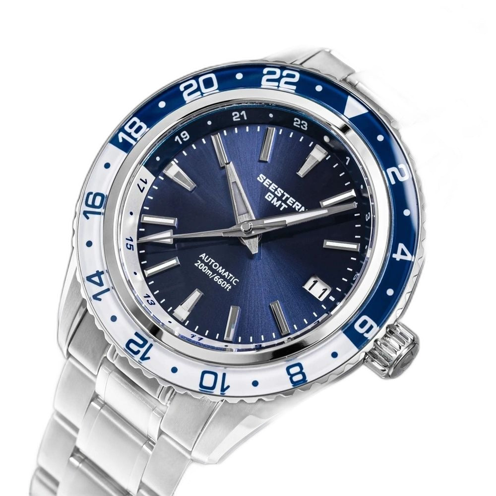 Seestern S456 navy-dial GMT on steel bracelet, three-quarter studio angle