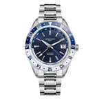Seestern S456 automatic GMT 41mm, navy dial with framed date window, blue-white 24h bezel, steel bracelet