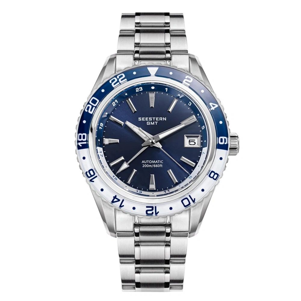 Seestern S456 automatic GMT 41mm, navy dial with framed date window, blue-white 24h bezel, steel bracelet