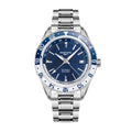 Seestern S456 automatic GMT 41mm, navy blue dial, blue-and-white 24-hour bezel, steel bracelet, front view