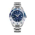 Seestern S456 automatic GMT 41mm, navy blue dial, blue-and-white 24-hour bezel, steel bracelet, front view