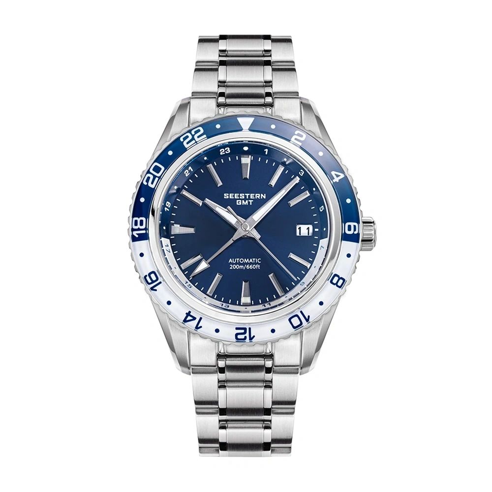 Seestern S456 automatic GMT 41mm, navy blue dial, blue-and-white 24-hour bezel, steel bracelet, front view