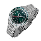 Seestern S456 green-dial GMT on steel bracelet, angled studio product view