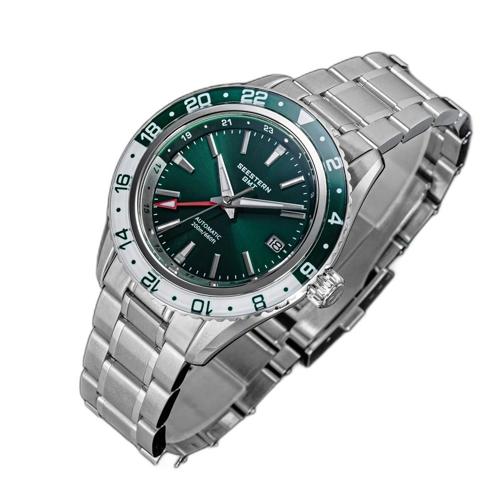 Seestern S456 green-dial GMT on steel bracelet, angled studio product view
