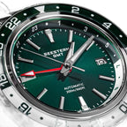 Seestern S456 green-dial GMT with red GMT hand on steel bracelet, three-quarter angled view