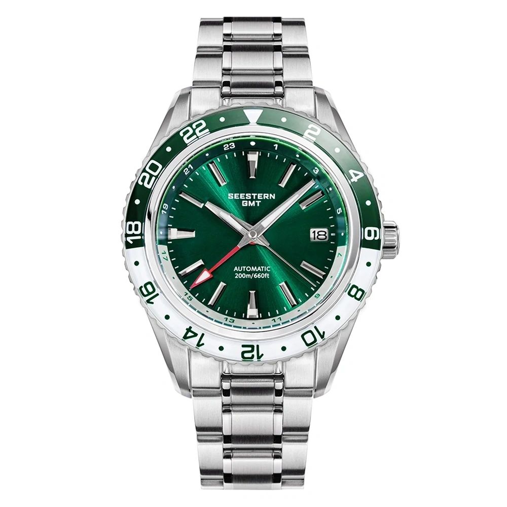 Seestern S456 automatic GMT 41mm, green dial, green-white 24h bezel, red GMT hand, steel bracelet, front