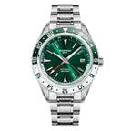 Seestern S456 automatic GMT 41mm, green dial, green-white 24h bezel, red GMT hand, steel bracelet, front