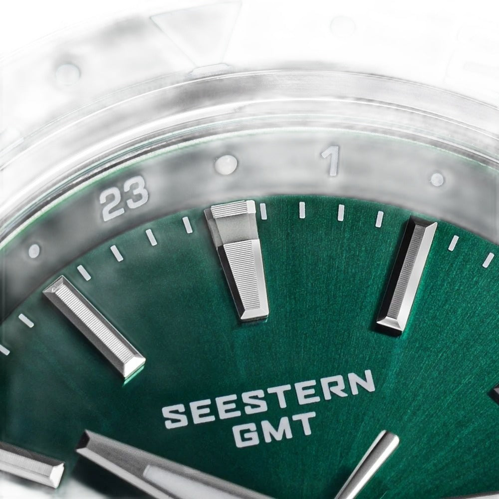 Seestern S456 green sunburst dial close-up with applied markers and SEESTERN GMT print