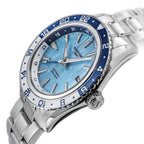 Seestern S456 ice blue MOP-dial GMT on steel bracelet, angled studio product view