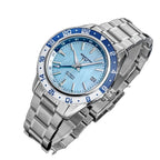 Seestern S456 ice blue MOP-dial GMT on steel bracelet, angled view with starfish crown