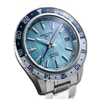 Seestern S456 ice blue MOP-dial GMT on steel bracelet, three-quarter angled view