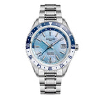 Seestern S456 automatic GMT 41mm, ice blue MOP dial with framed date, blue-white 24h bezel, steel bracelet