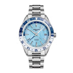 Seestern S456 automatic GMT 41mm, ice blue mother-of-pearl dial, blue-white 24h bezel, steel bracelet, front