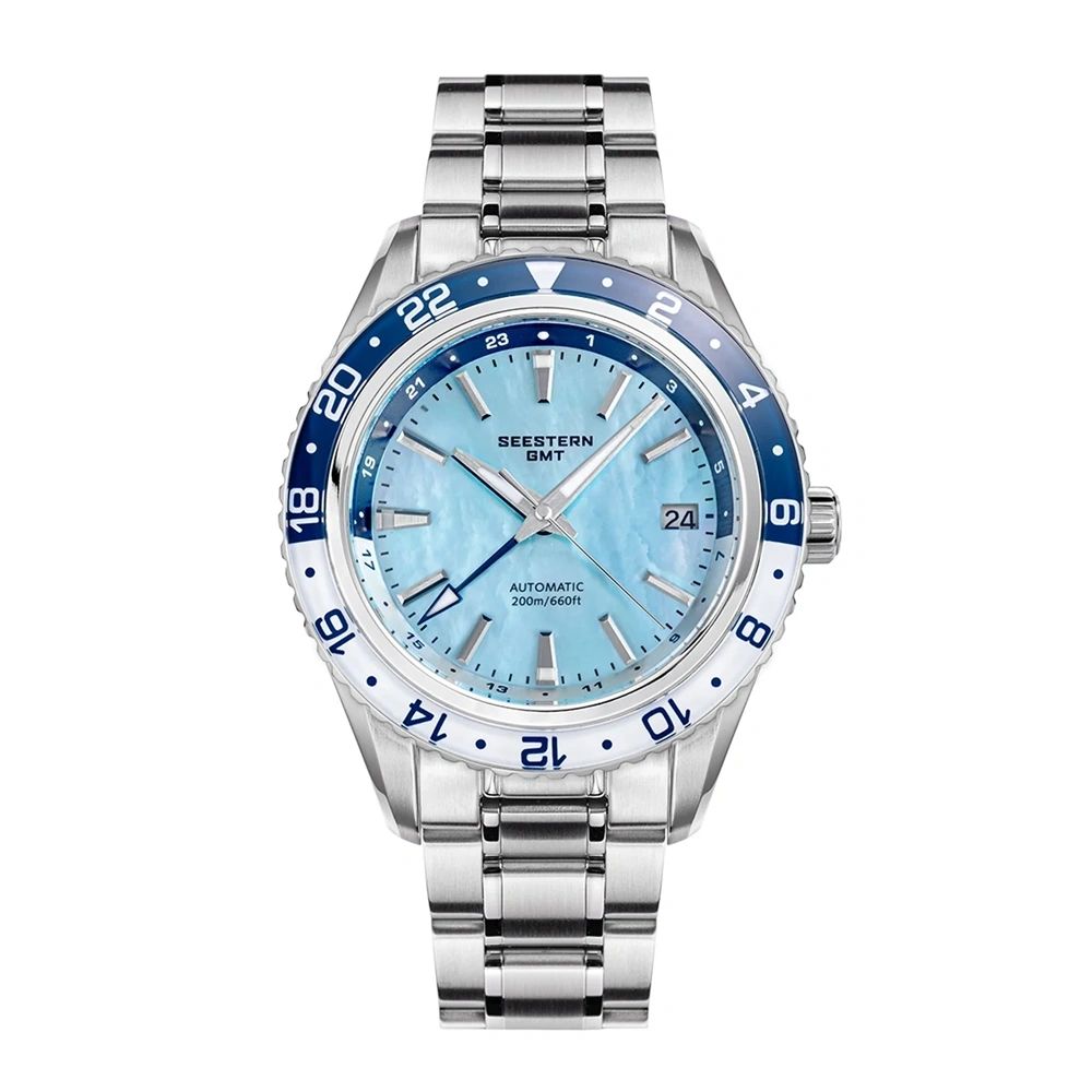 Seestern S456 automatic GMT 41mm, ice blue mother-of-pearl dial, blue-white 24h bezel, steel bracelet, front