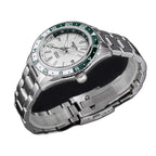 Seestern S456 white MOP-dial GMT with green bezel on steel bracelet, angled studio view