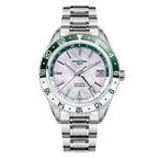 Seestern S456 automatic GMT 41mm, white MOP dial with framed date, green-white 24h bezel, steel bracelet