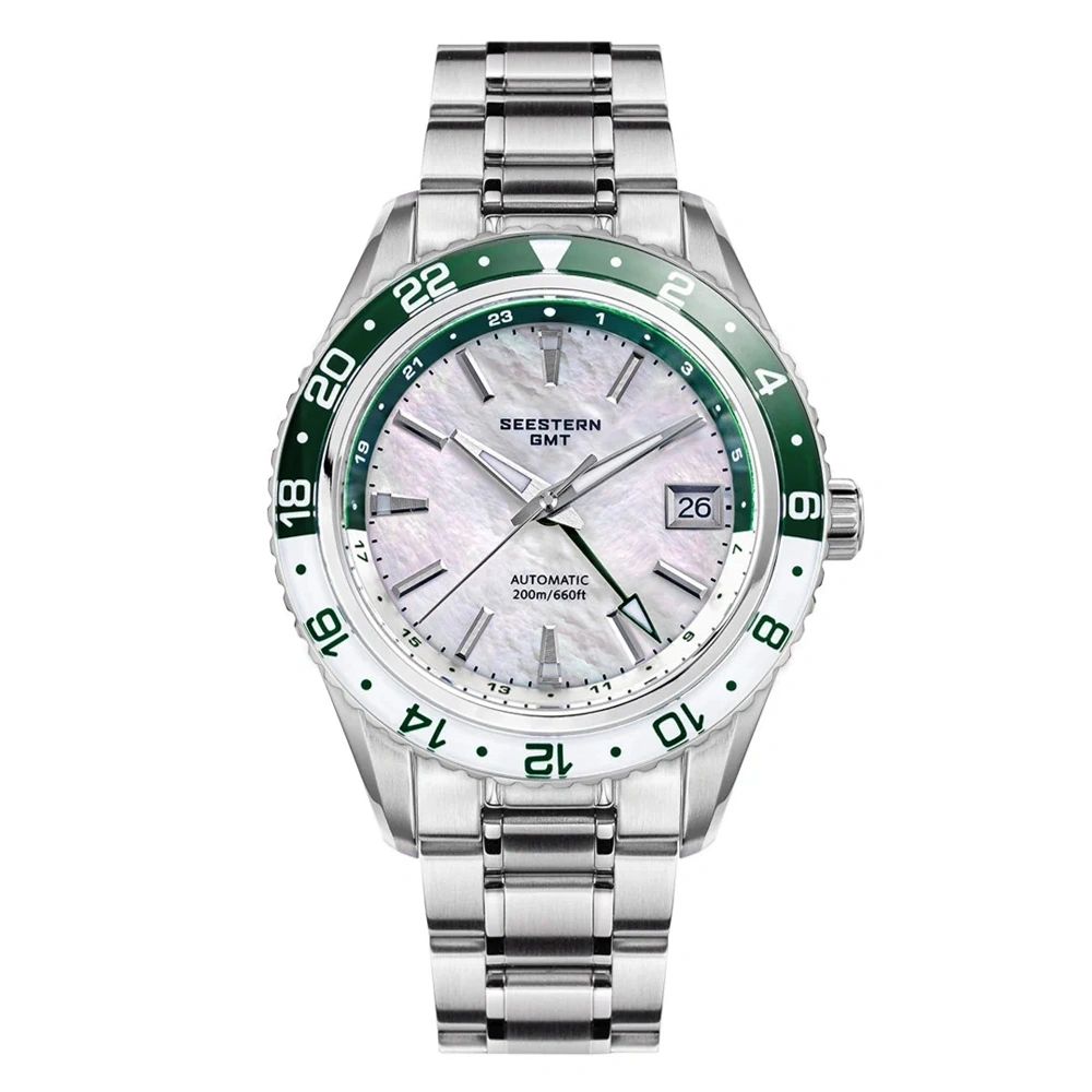 Seestern S456 automatic GMT 41mm, white MOP dial with framed date, green-white 24h bezel, steel bracelet