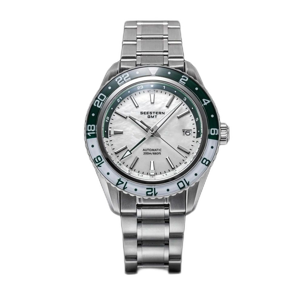 Seestern S456 automatic GMT 41mm, white mother-of-pearl dial, green-white 24h bezel, steel bracelet, front