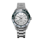 Seestern S456 automatic GMT 41mm, white mother-of-pearl dial, green-white 24h bezel, steel bracelet, front