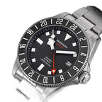 Seestern S462 titanium GMT, black dial, angled studio product view on black background, steel bracelet